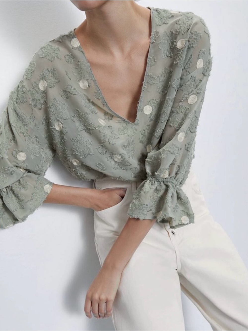 Zara Sage Green Dot Textured V-Neck Blouse